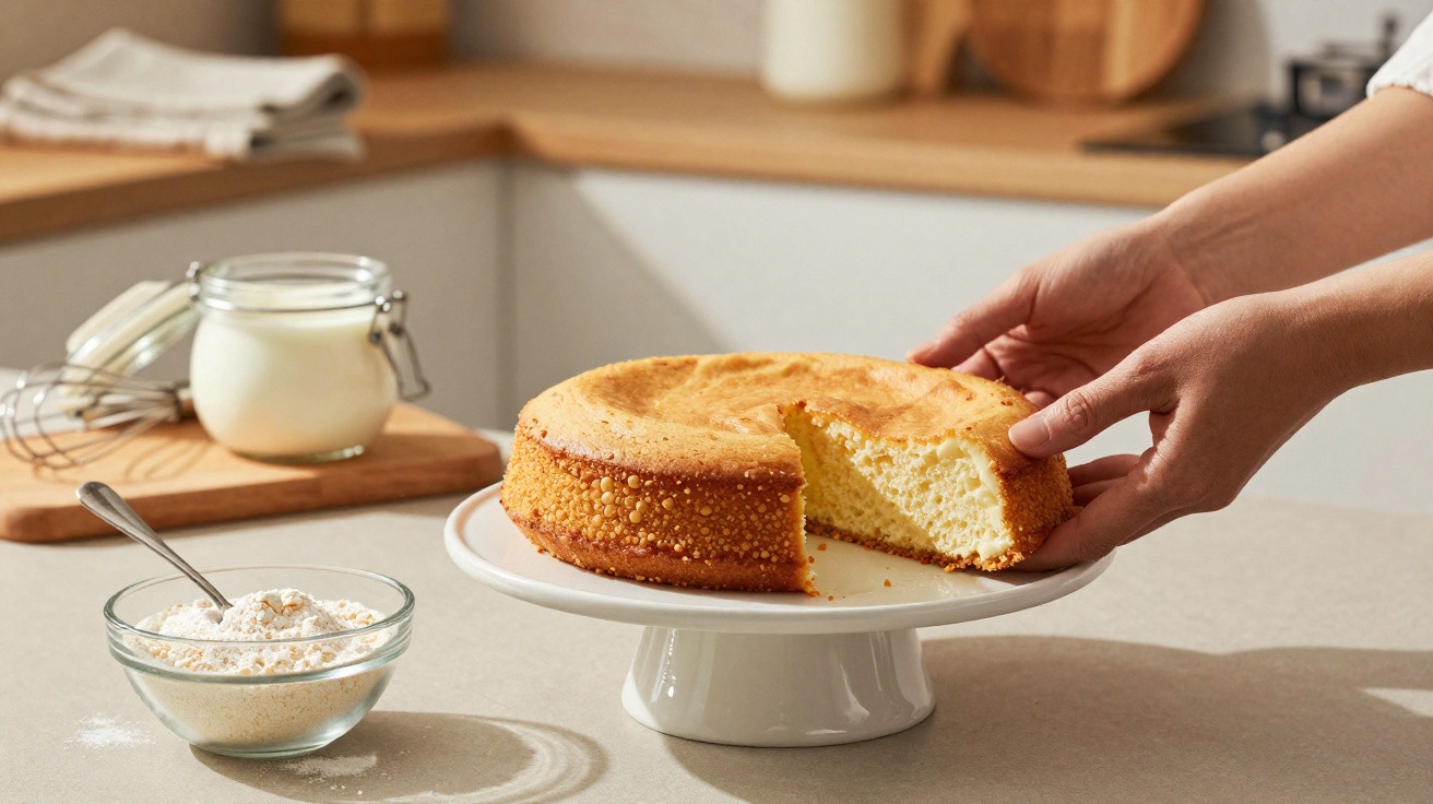 Hände nehmen ein Stück lockeren Kuchen von einer weissen Tortenplatte in einer modernen Küche.
