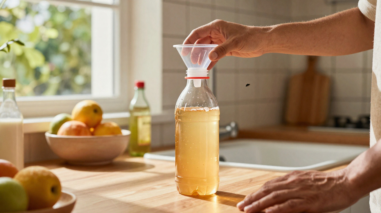Hand füllt mit Trichter gelbliche Flüssigkeit in PET-Flasche auf hellem Küchentisch bei Sonnenlicht.