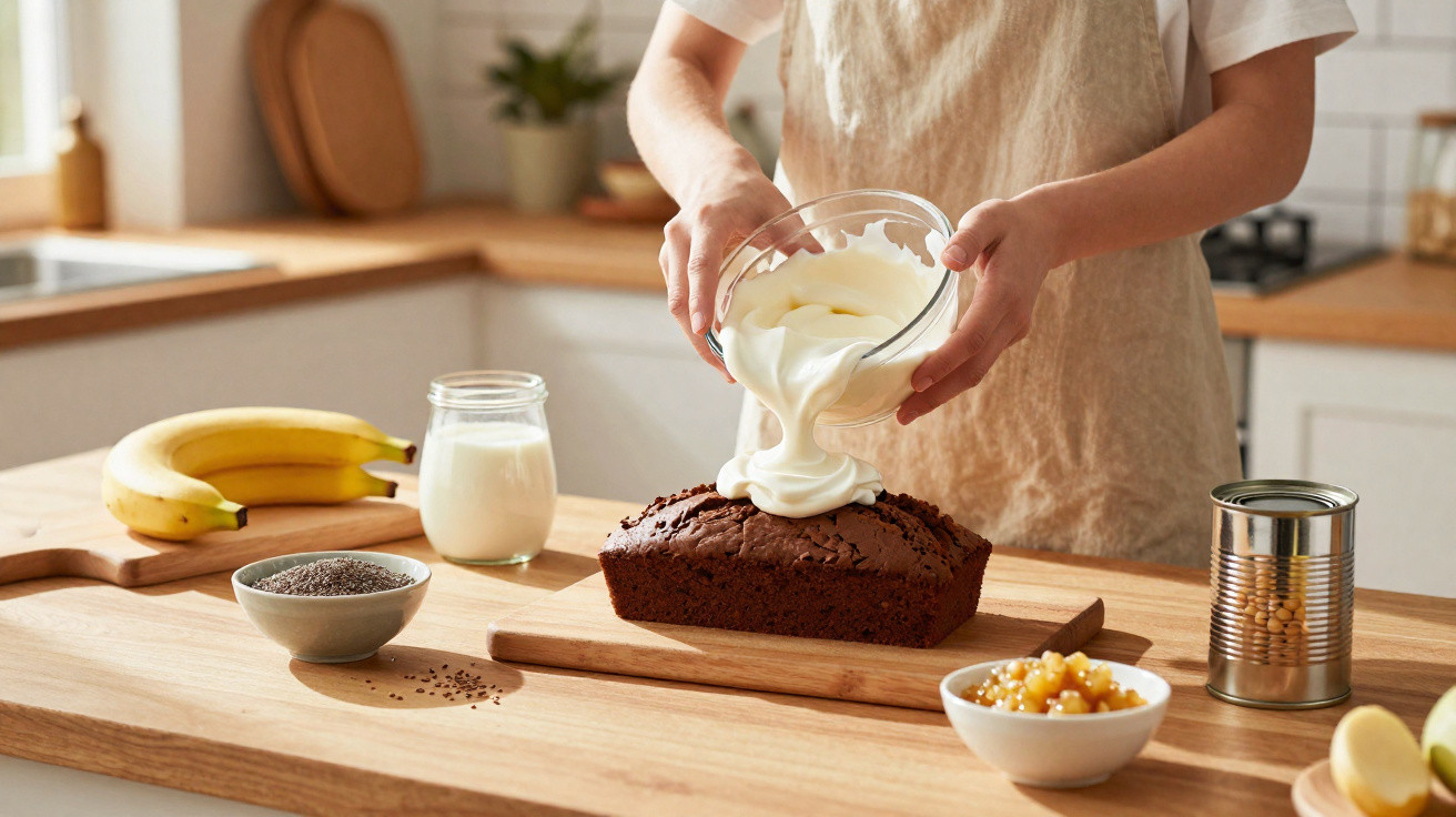 Person gibt cremiges Topping auf Schokoladenkuchen, umgeben von Bananen, Milch, Samen und Dosen auf Holzarbeitsfläche.