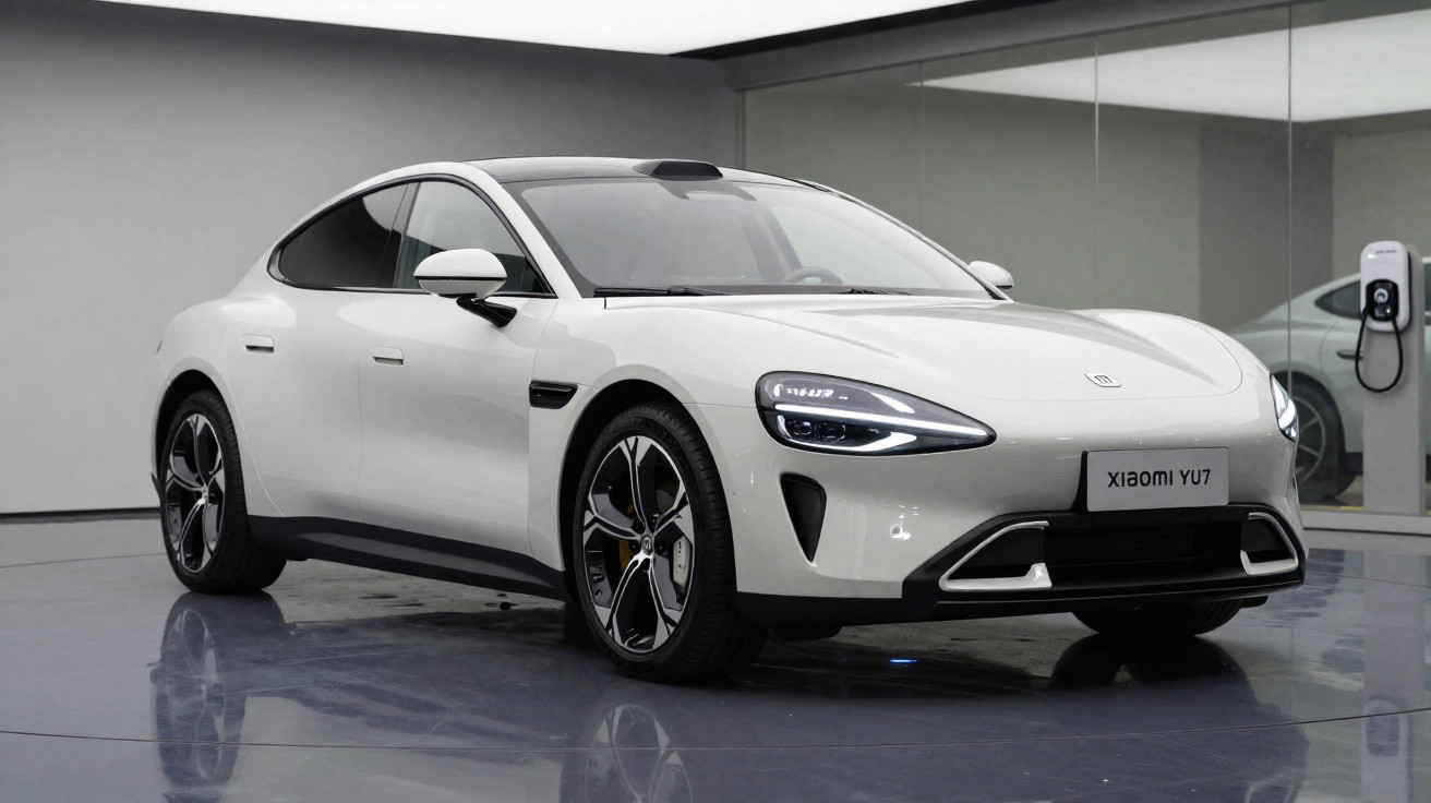 Weisser elektrischer Sportwagen Xpeng X130M YU7 in modernem Showroom mit Ladestation im Hintergrund.