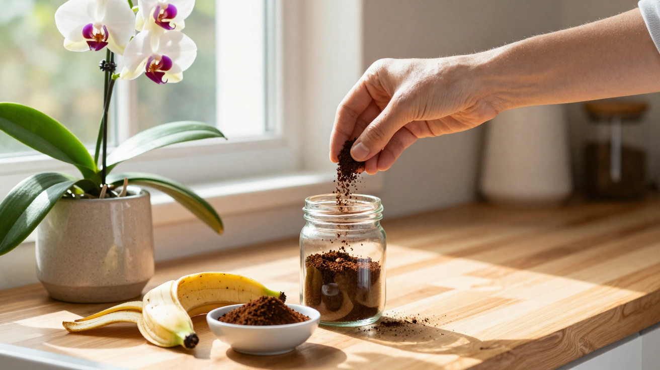 Hand streut Kaffeepulver in ein Glas, daneben Banane und Orchidee auf Holzarbeitsplatte bei Fensterlicht.