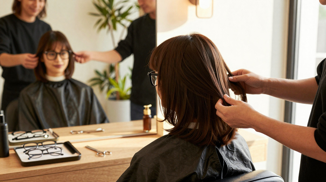 Frau mit Brille sitzt beim Coiffeur, während Stylist Haare vor Spiegel begutachtet und frisiert.