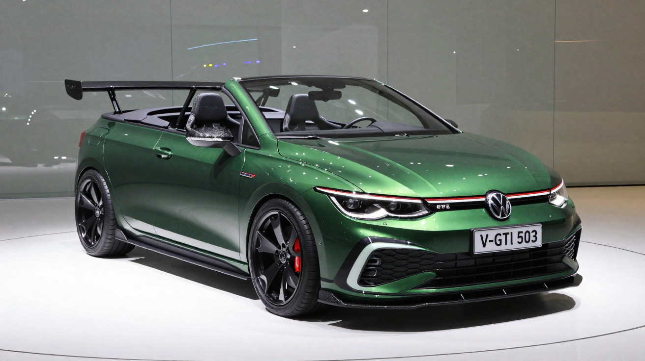 Dunkelgrüner VW Golf GTI Cabriolet mit schwarzem Spoiler auf weissem Ausstellungsboden in modernem Raum.