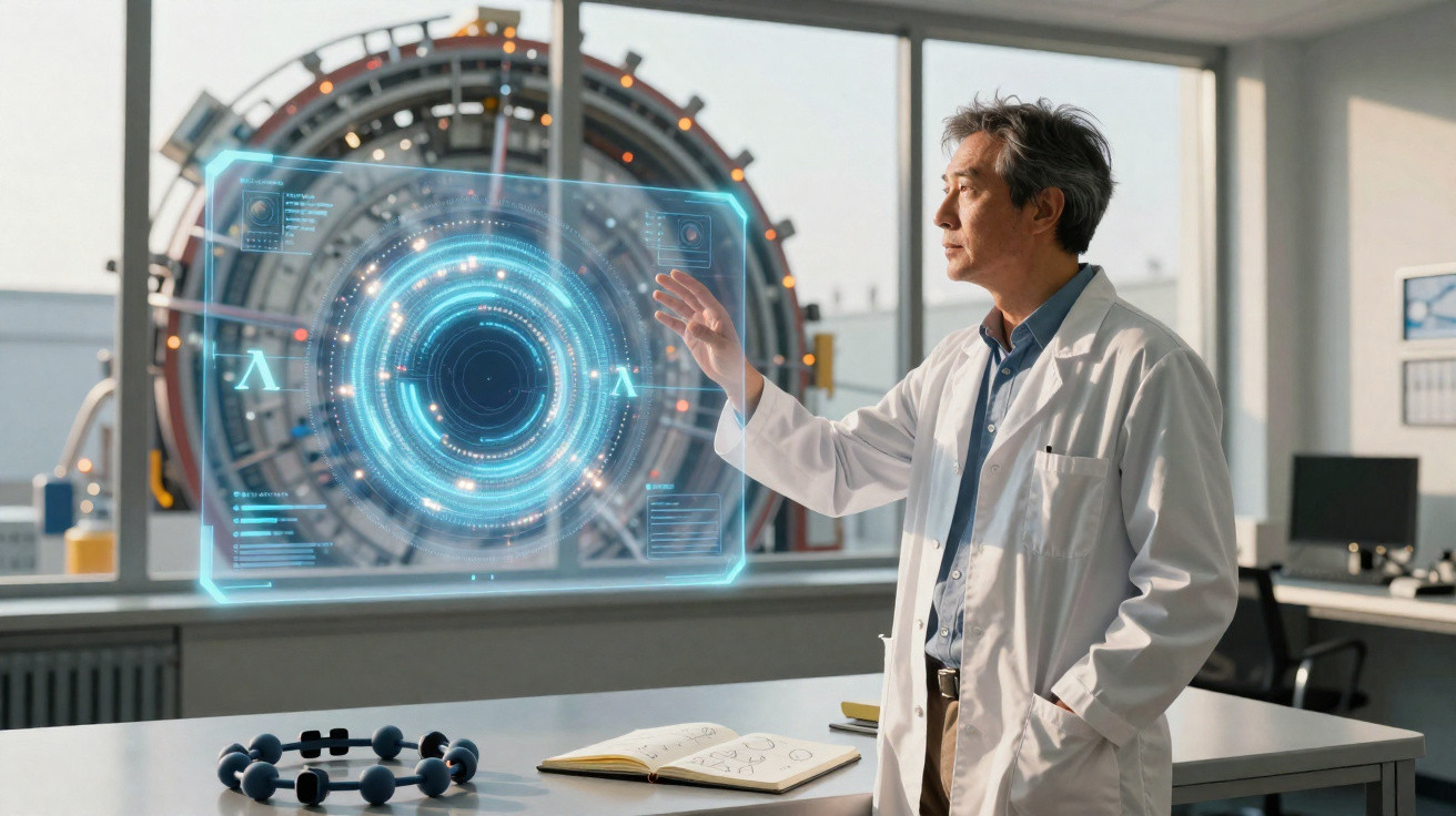 Wissenschaftler in weissem Kittel bedient holografisches Interface vor futuristischem Gerät im Labor.