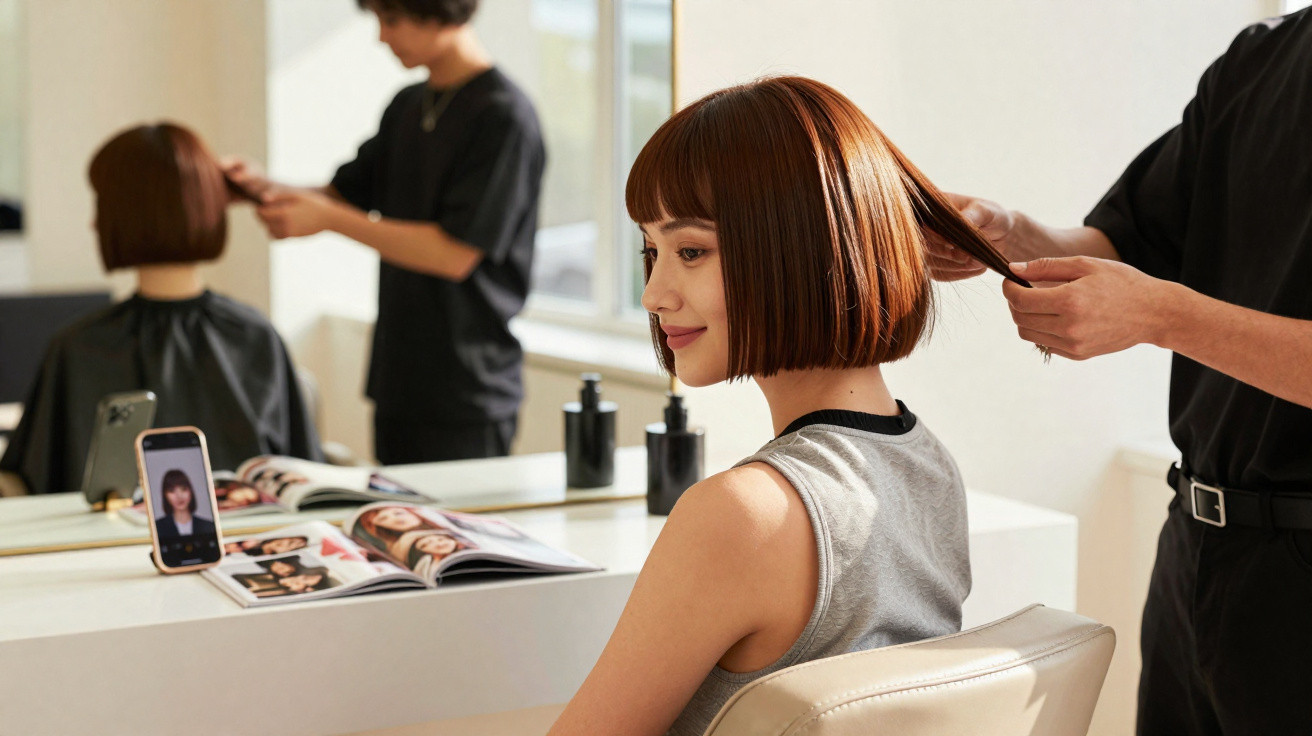 Frau mit kurzem Bob sitzt im Friseursalon, Friseur begutachtet ihr Haar, auf dem Tisch Magazin und Smartphone.